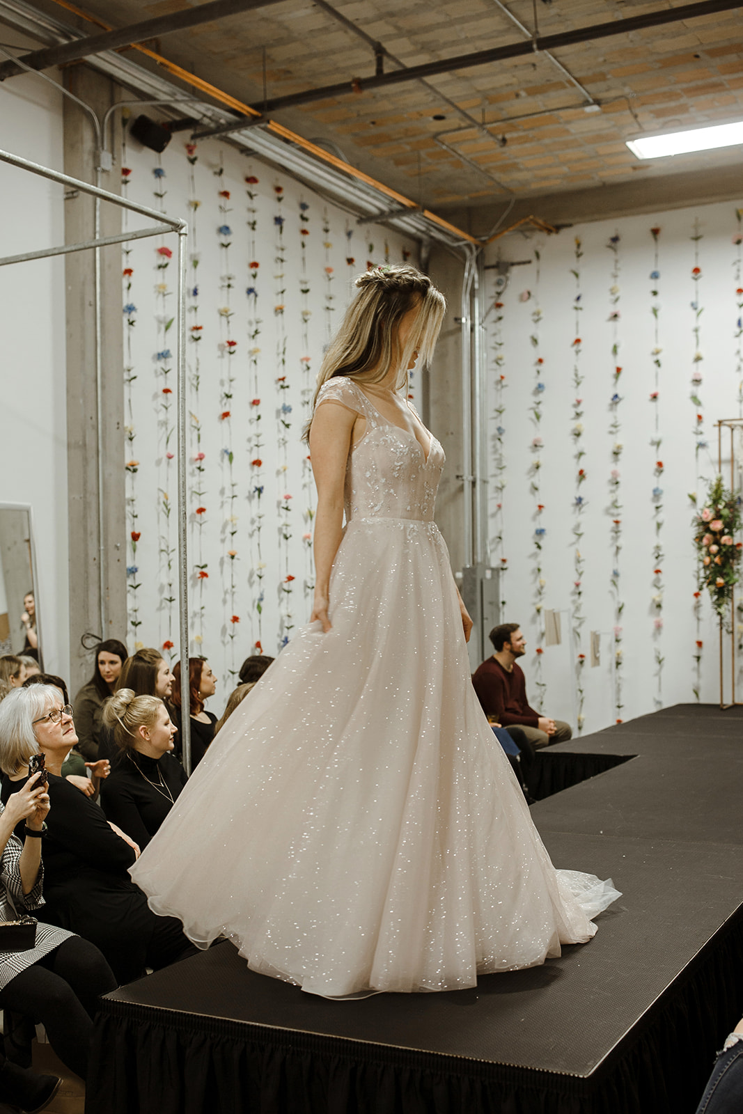 spokane wedding dress bride pink sparkle fashion show model runway