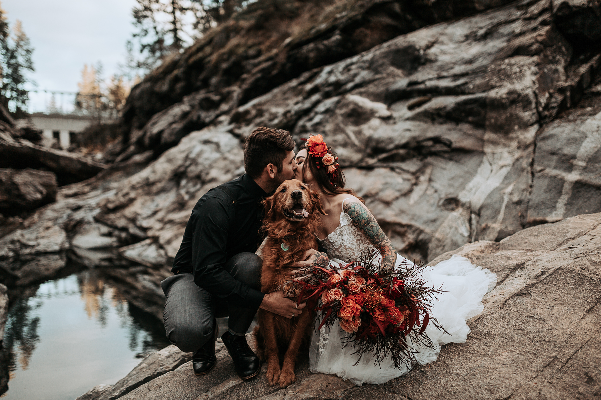 bridal shoot with puppy golden retriever dog Spokane WA