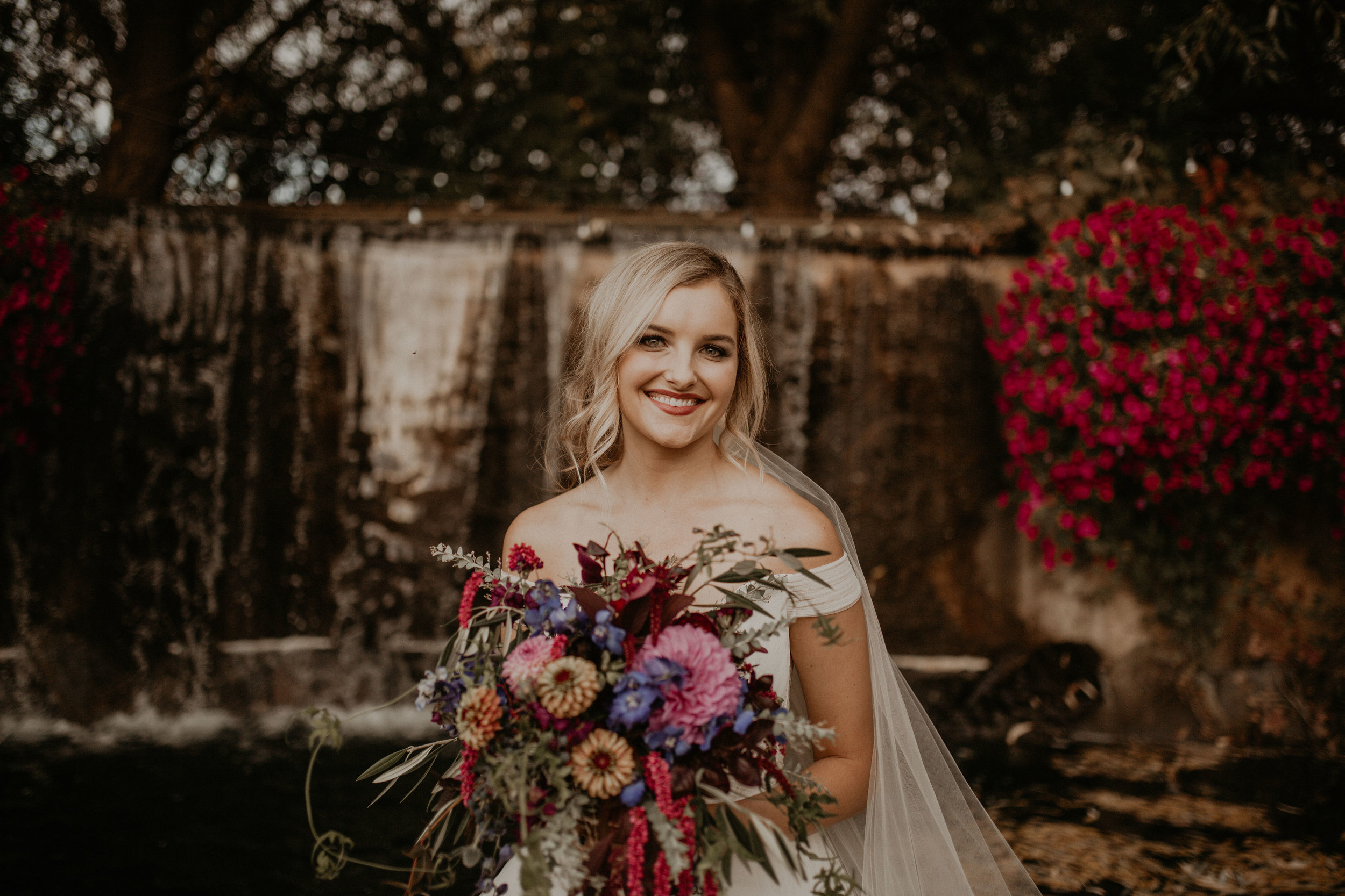 waterfall flowers bride wedding spokane
