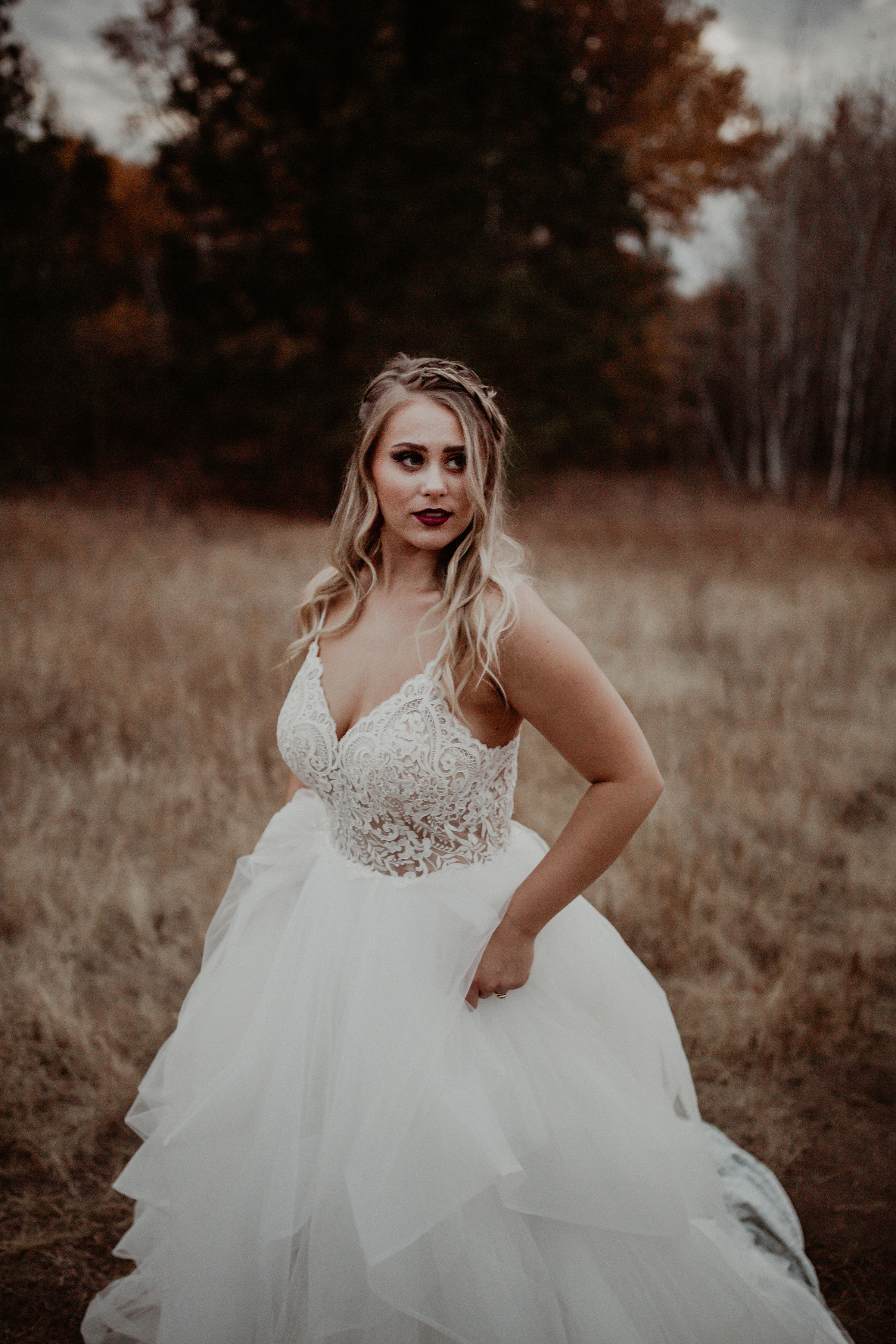 Wedding dress in a Spokane field blonde