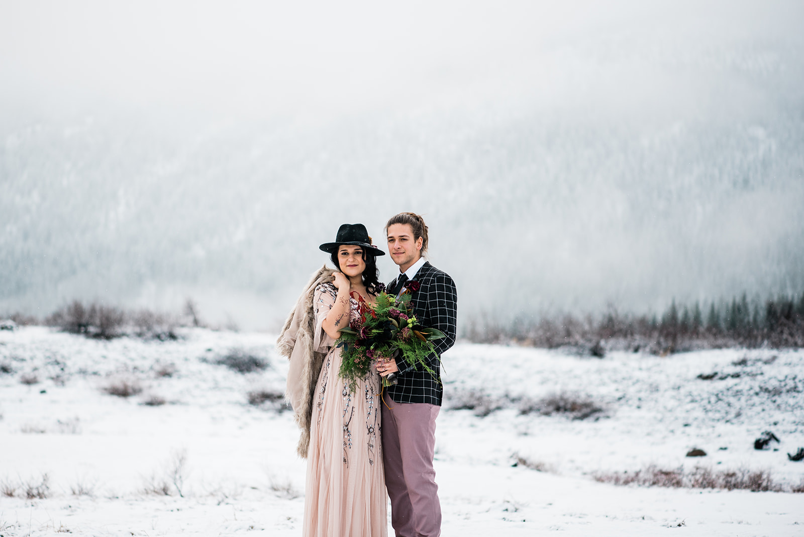 winter wedding dress bride pink gown black hat
