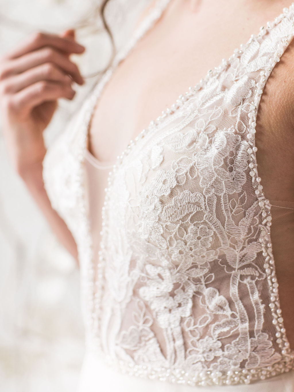 Close up lace beading wedding dress bride spokane