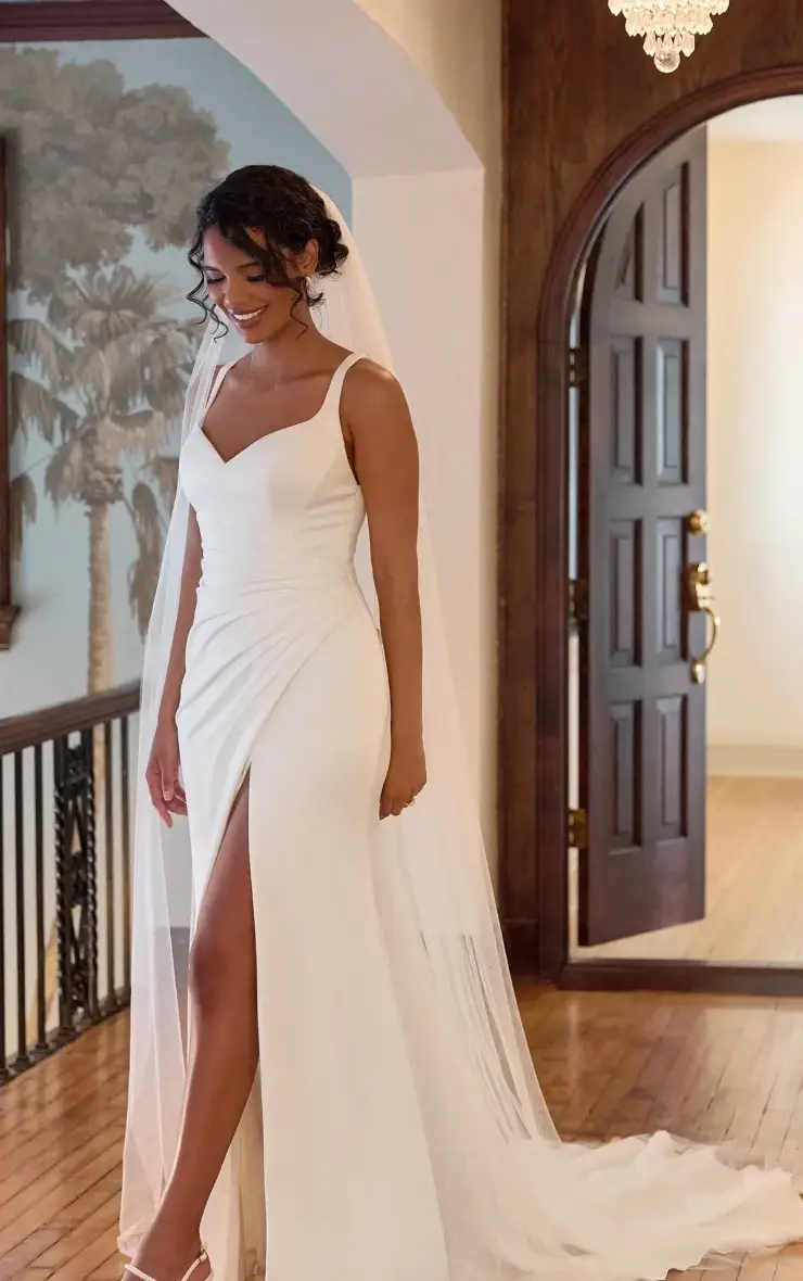 A bride in an elegant white gown with a thigh-high slit and flowing veil stands smiling indoors. An open wooden door and a tropical mural complete the serene setting.
