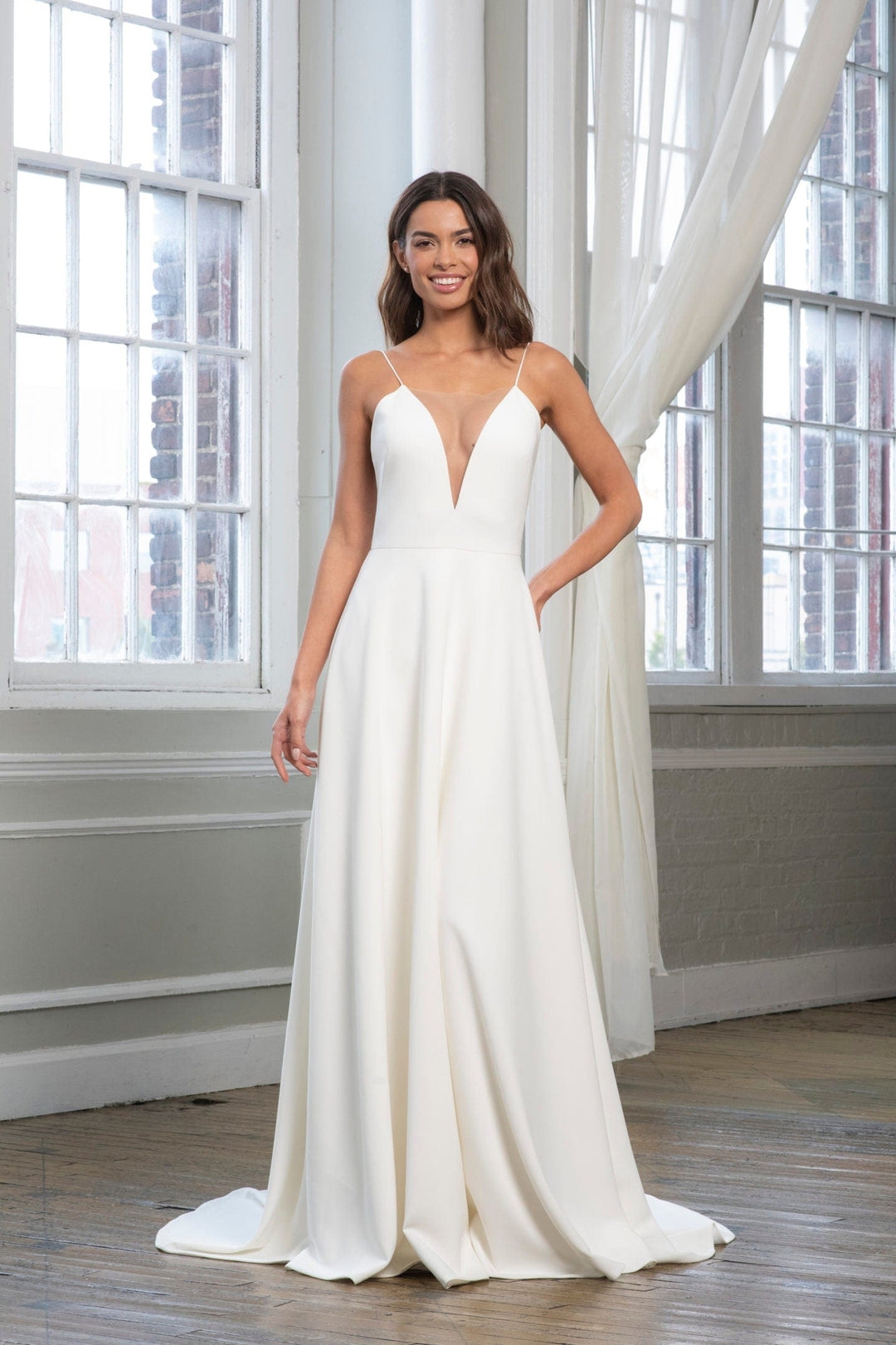 Love by Theia Low V-Neck Open-Back Gown selling